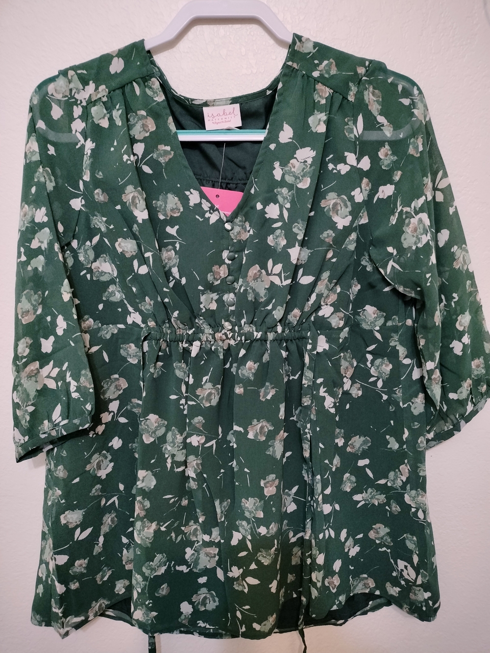 Green Floral V-Neck Peplum Maternity Blouse